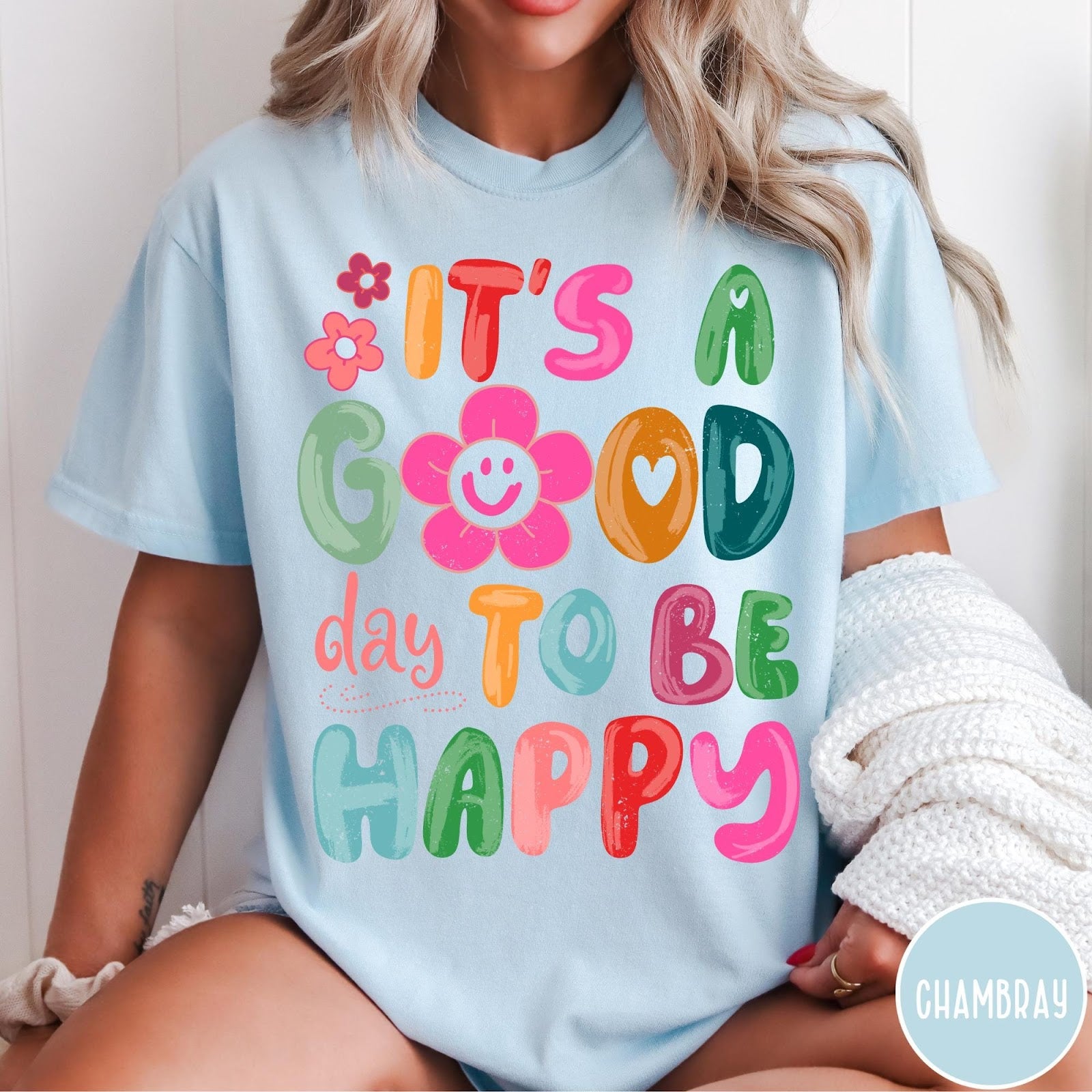 Comfort Colors tee in Chambray featuring typography and floral elements with a smiley face graphic design