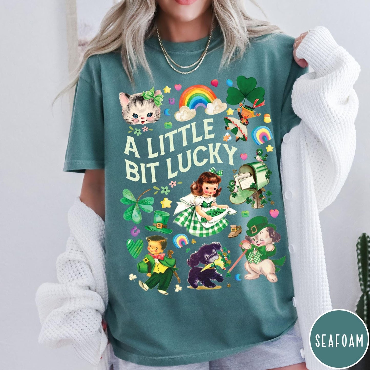 Comfort Colors tee in Seafoam featuring St. Patrick's Day collage with vintage characters and lucky symbols
