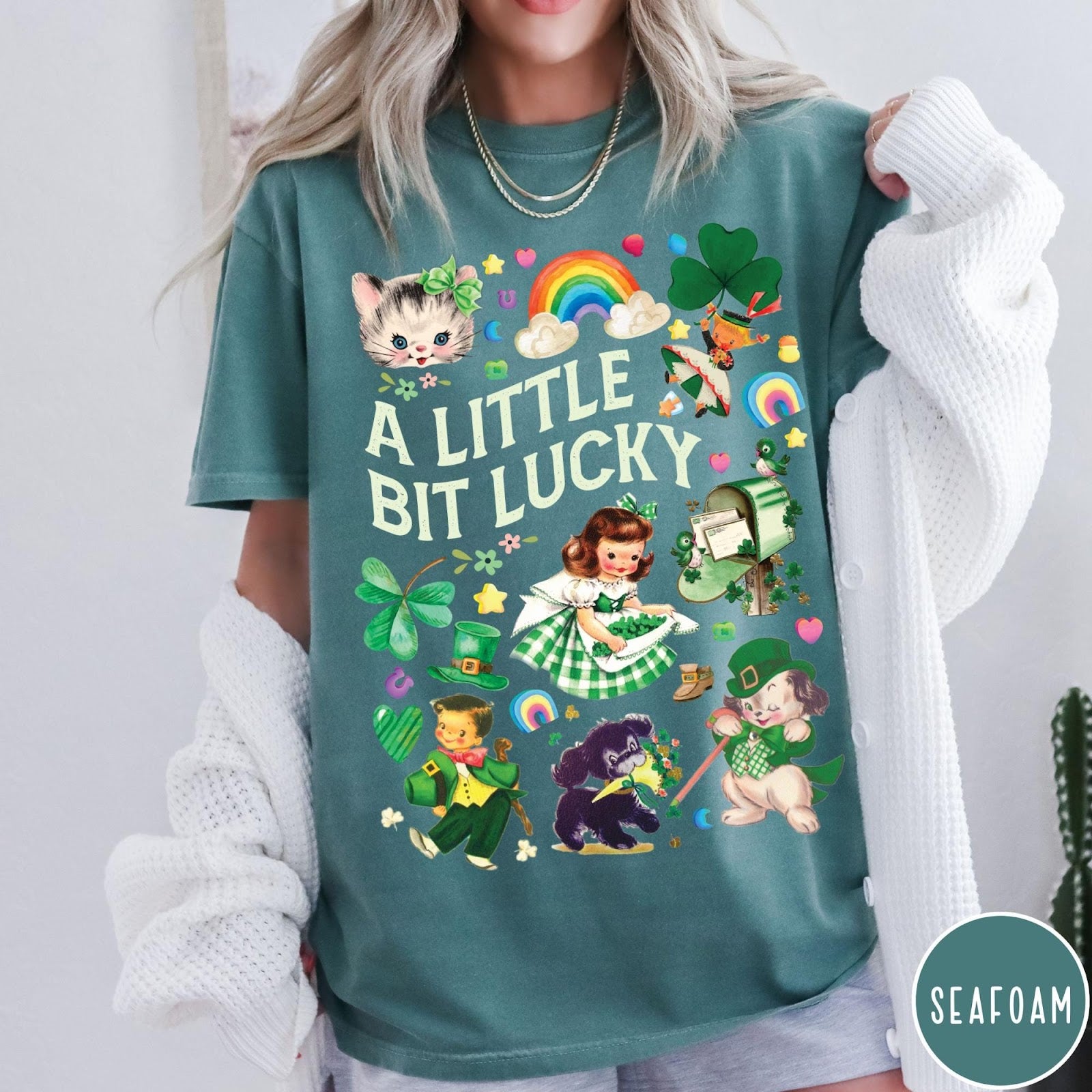 Comfort Colors tee in Seafoam featuring St. Patrick's Day collage with vintage characters and lucky symbols