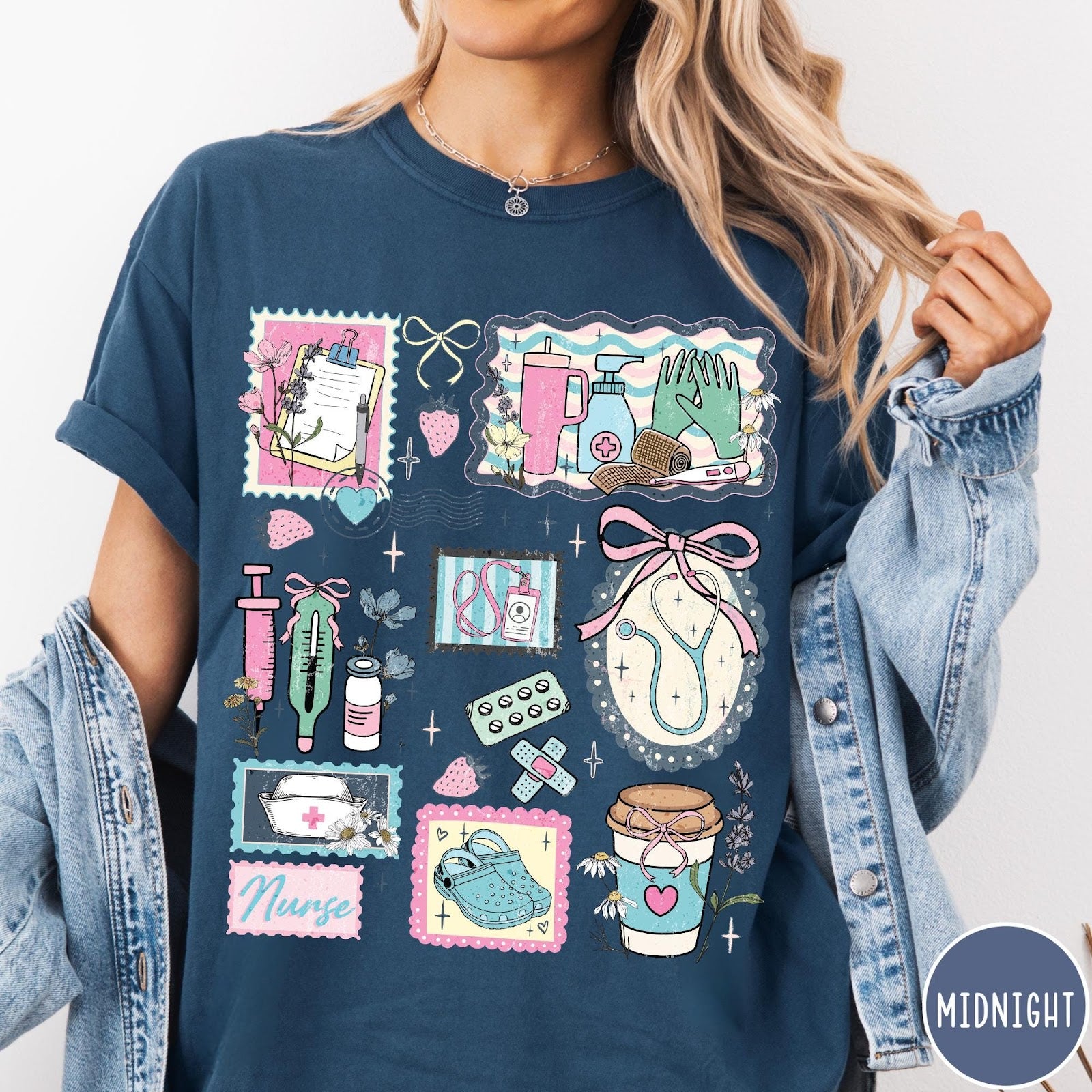 Comfort Colors tee in Midnight featuring nursing profession collage design with medical supplies and floral accents