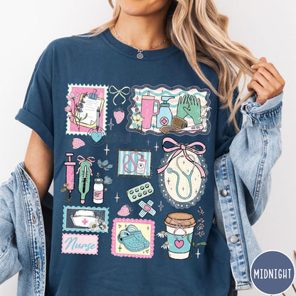 Comfort Colors tee in Midnight featuring nursing profession collage design with medical supplies and floral accents