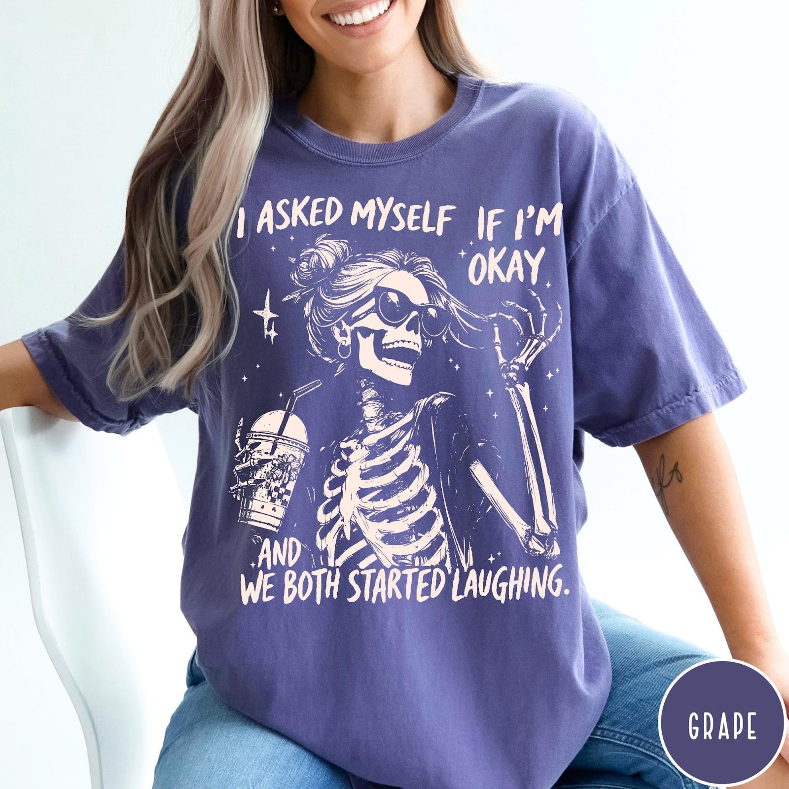 Comfort Colors tee in Grape featuring skeleton graphic with sunglasses and iced coffee, text I Asked Myself Okay