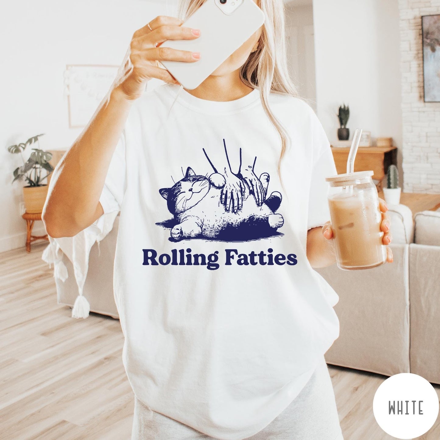Comfort Colors tee in White featuring illustration style graphic of a chubby cat getting a belly rub