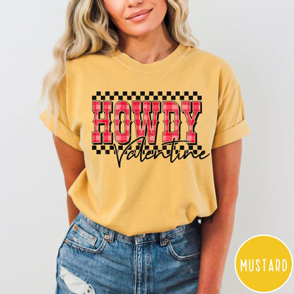 Comfort Colors tee in Mustard featuring western Valentine greeting with Howdy Valentine text and checkered border graphic