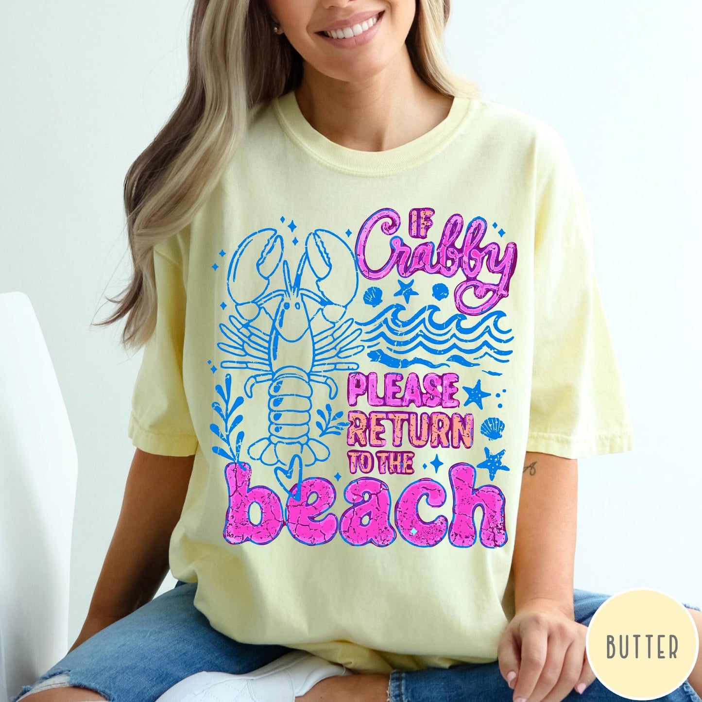 Comfort Colors tee in Butter featuring beach style graphic with lobster and If Crabby text