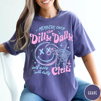 Comfort Colors tee in Grape featuring retro style graphic with a smiley face and iced coffee cup