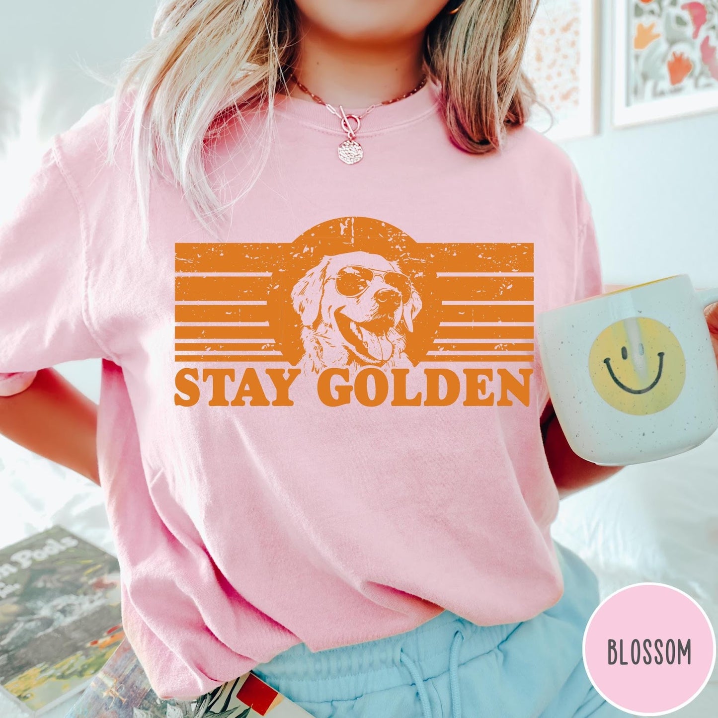 Comfort Colors tee in Blossom featuring vintage style graphic of a Golden Retriever wearing sunglasses and text