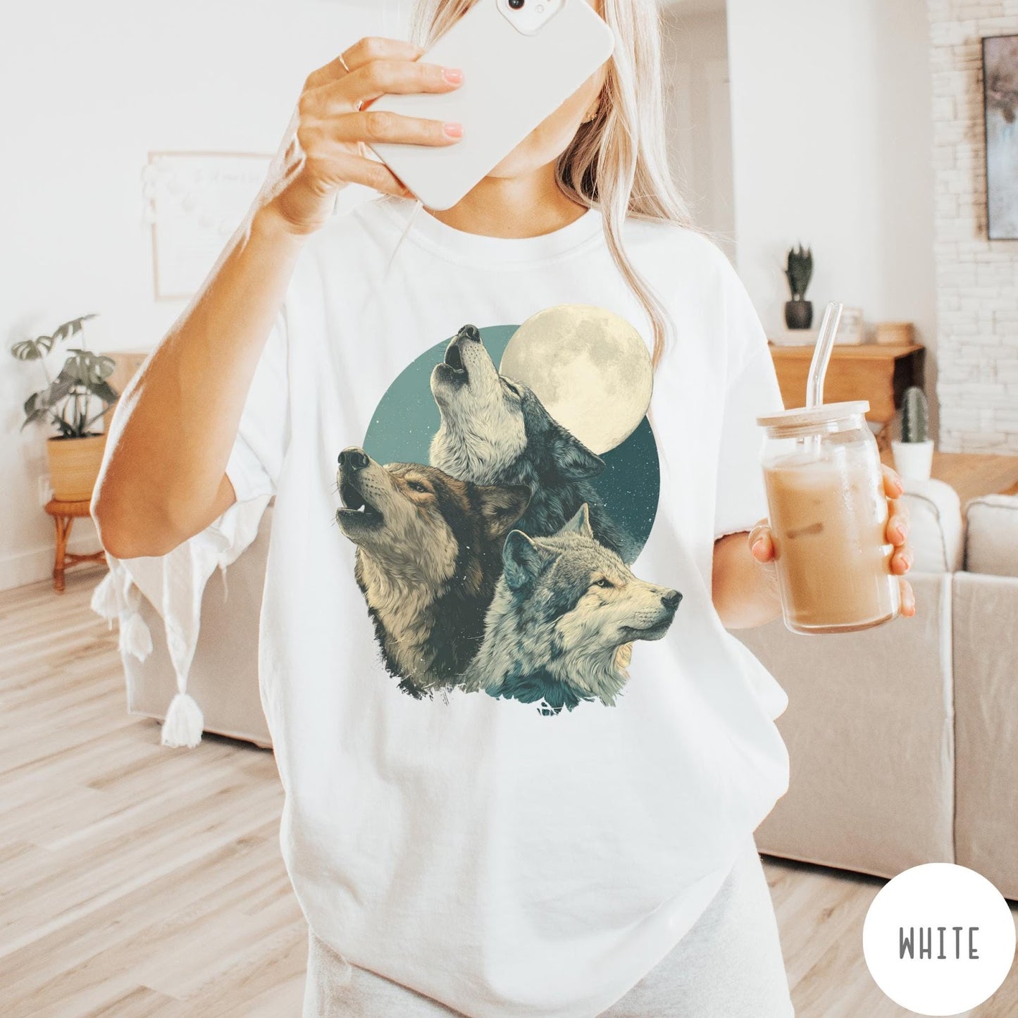 Comfort Colors tee in White featuring vintage style graphic of three wolves howling at a full moon
