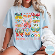 Comfort Colors tee in Chambray featuring butterfly and floral graphic design with Be Kind to all kinds text