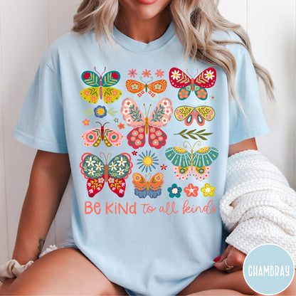 Comfort Colors tee in Chambray featuring butterfly and floral graphic design with Be Kind to all kinds text