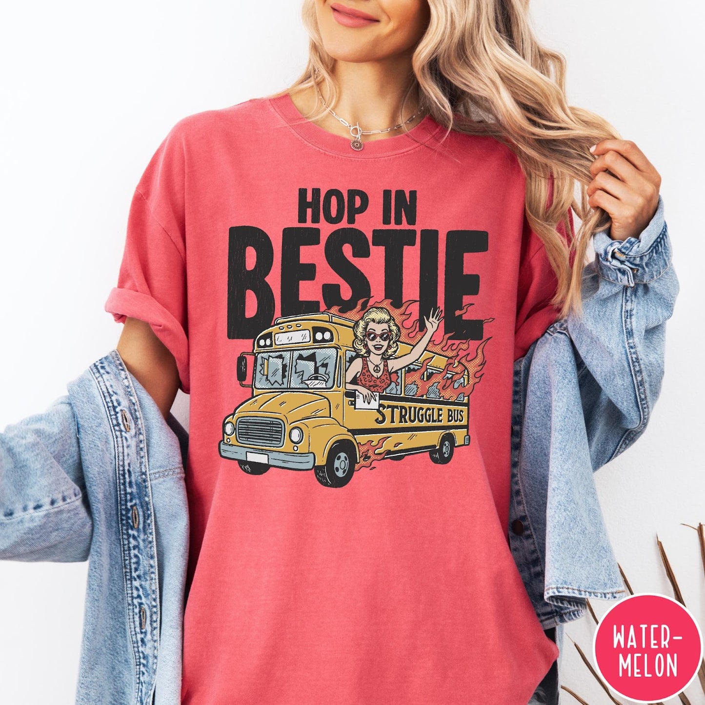 Comfort Colors tee in Watermelon featuring retro cartoon style graphic of a woman driving a burning bus