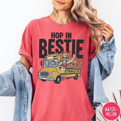 Comfort Colors tee in Watermelon featuring retro cartoon style graphic of a woman driving a burning bus