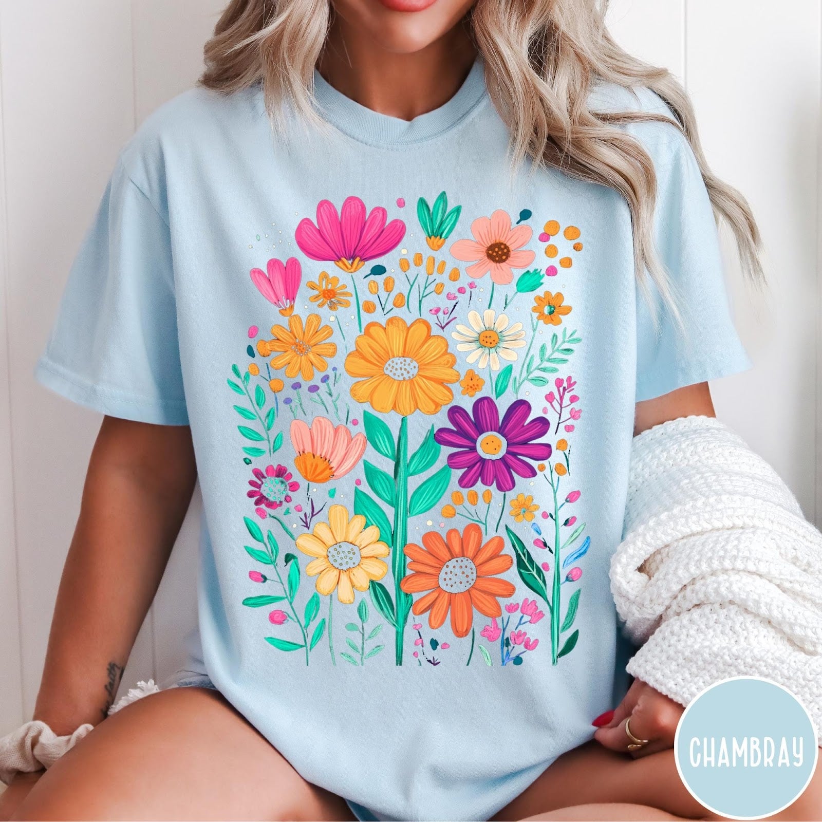 Comfort Colors tee in Chambray featuring boho floral design with colorful hand-drawn style garden flowers