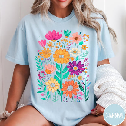Comfort Colors tee in Chambray featuring boho floral design with colorful hand-drawn style garden flowers