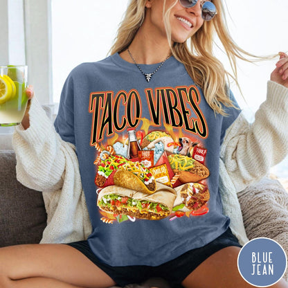 Comfort Colors tee in Blue Jean featuring retro style graphic with tacos, hot sauce, and a chihuahua dog