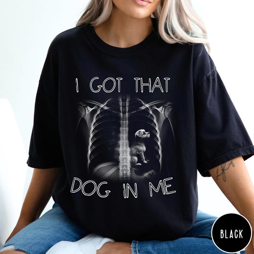 Comfort Colors tee in Black featuring graphic style X-ray ribcage with a small dog sitting inside.
