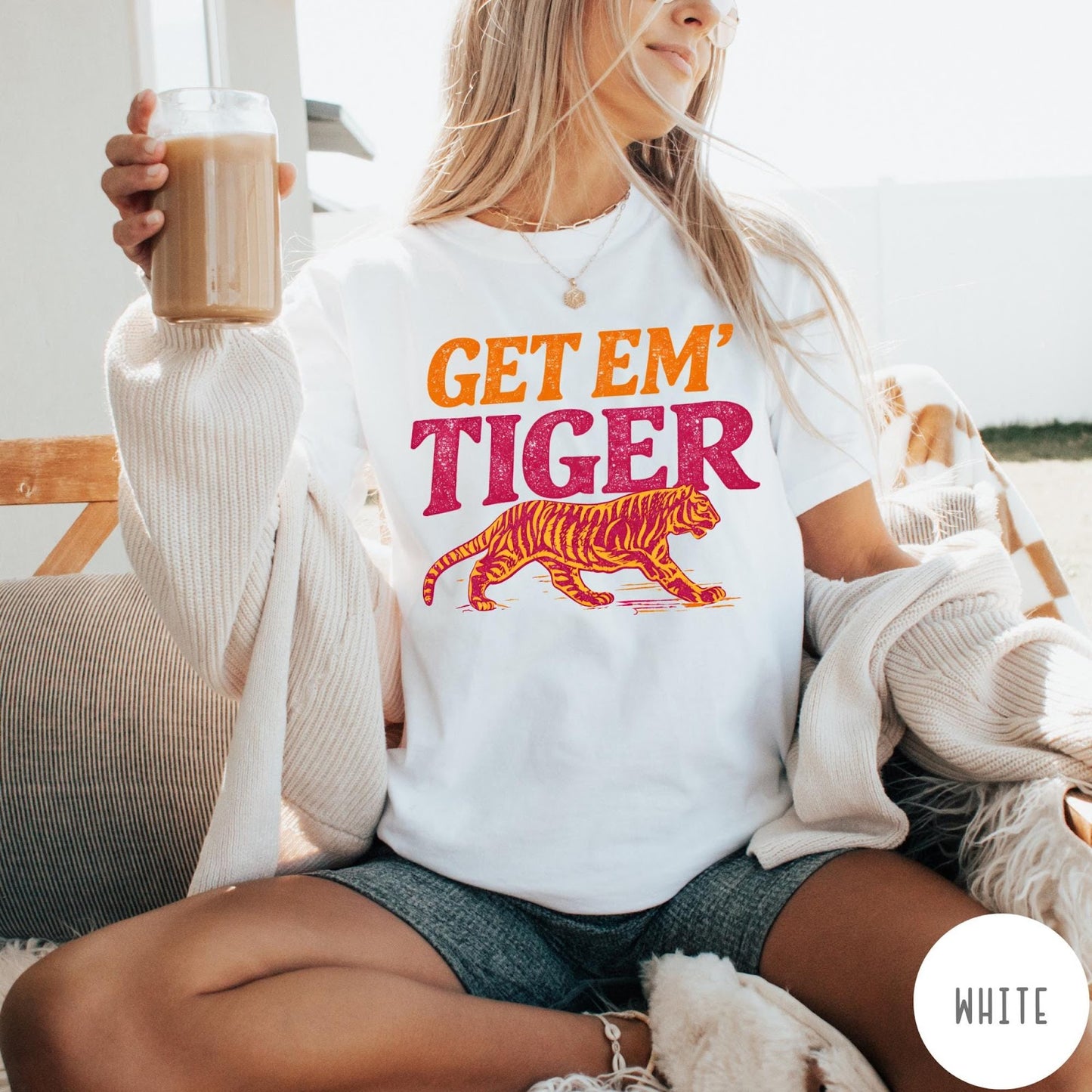 Comfort Colors tee in White featuring vintage style graphic with orange text and a walking tiger illustration