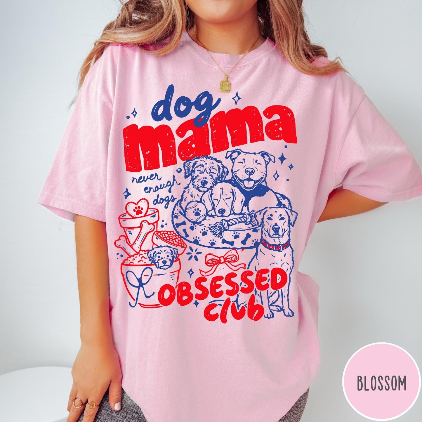 Comfort Colors tee in Blossom featuring dog mom design with multiple dogs and red blue graphic