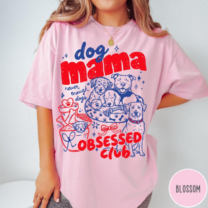 Comfort Colors tee in Blossom featuring dog mom design with multiple dogs and red blue graphic