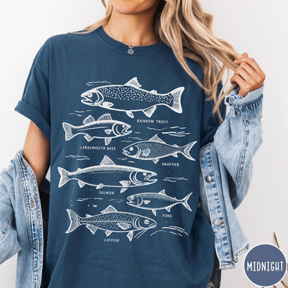 Comfort Colors tee in Pepper featuring vintage line illustration of various fish species with their names labeled.