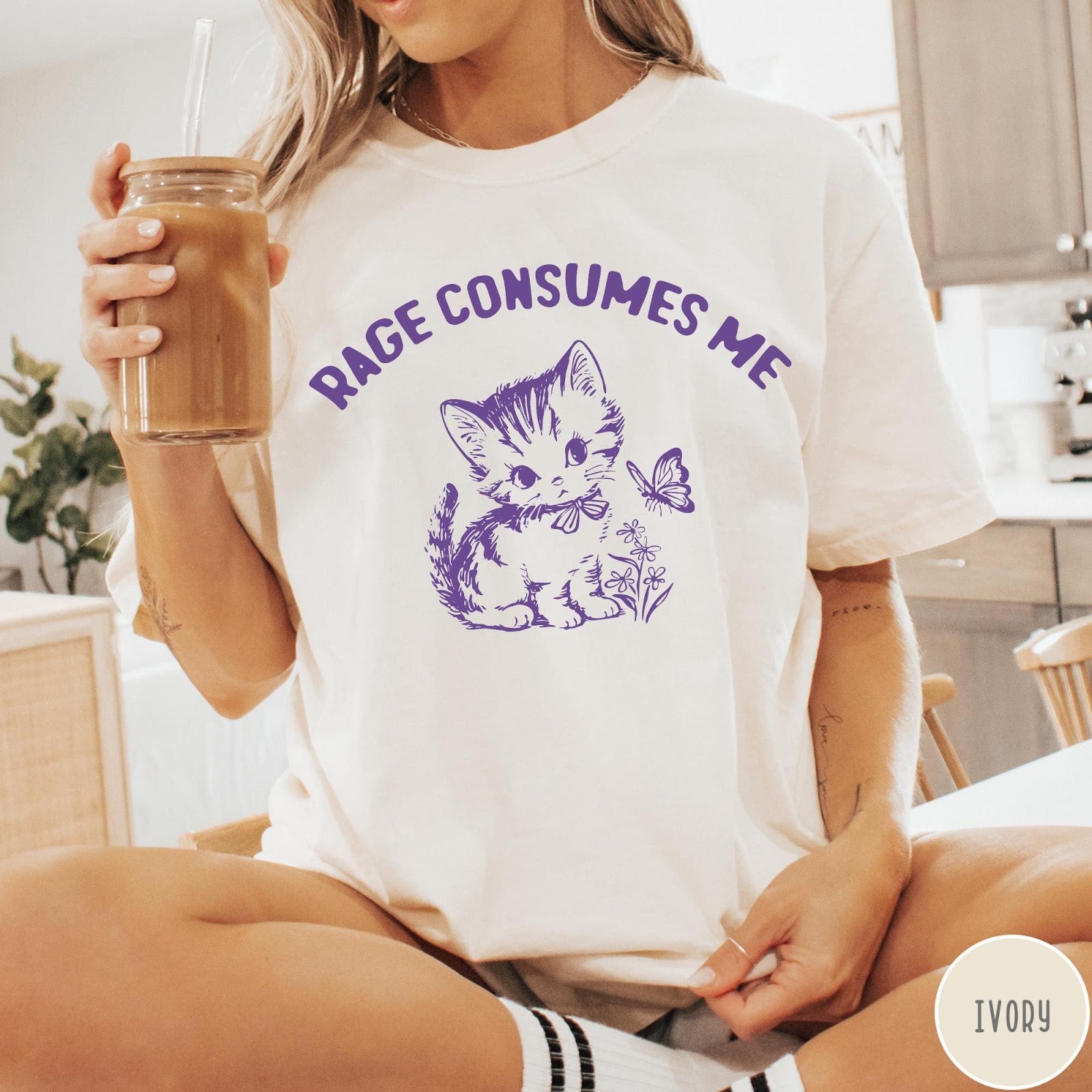 Comfort Colors tee in Ivory featuring kitten design with butterfly and flowers and text Rage Consumes Me