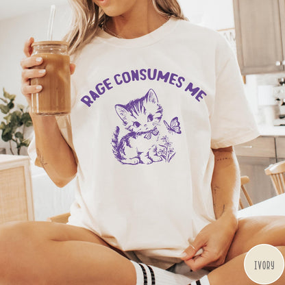 Comfort Colors tee in Ivory featuring kitten design with butterfly and flowers and text Rage Consumes Me