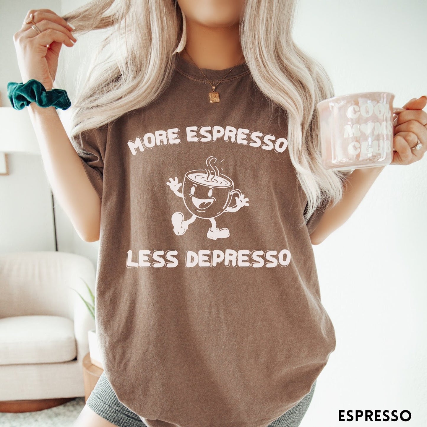 Comfort Colors tee in Espresso featuring retro style graphic of a happy coffee cup with text