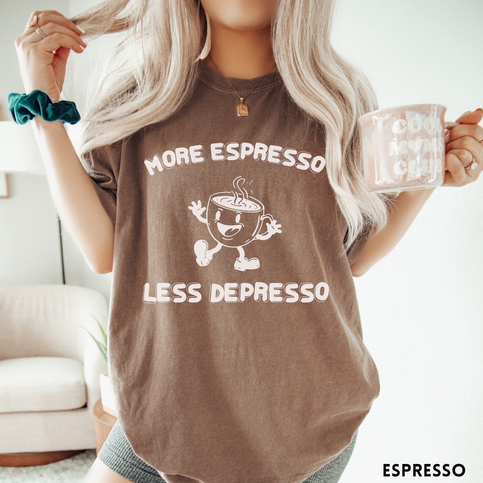 Comfort Colors tee in Espresso featuring retro style graphic of a happy coffee cup with text