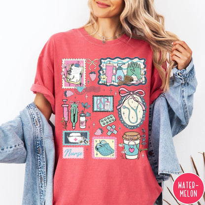 Comfort Colors tee in Watermelon featuring collage style nursing profession graphic with medical supplies and floral accents