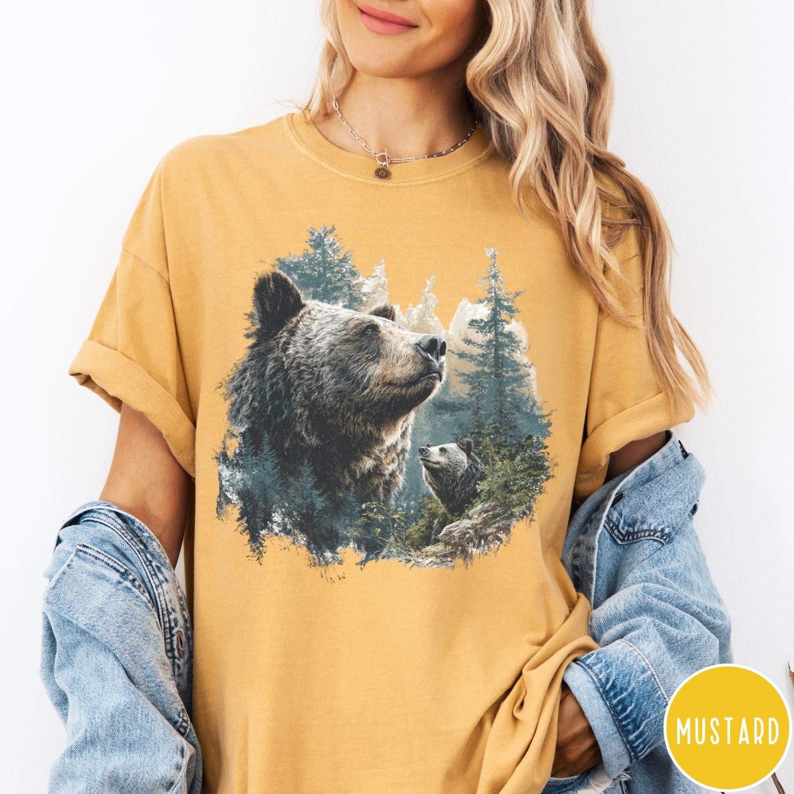 Comfort Colors tee in Mustard featuring vintage nature graphic with two bears in a forest