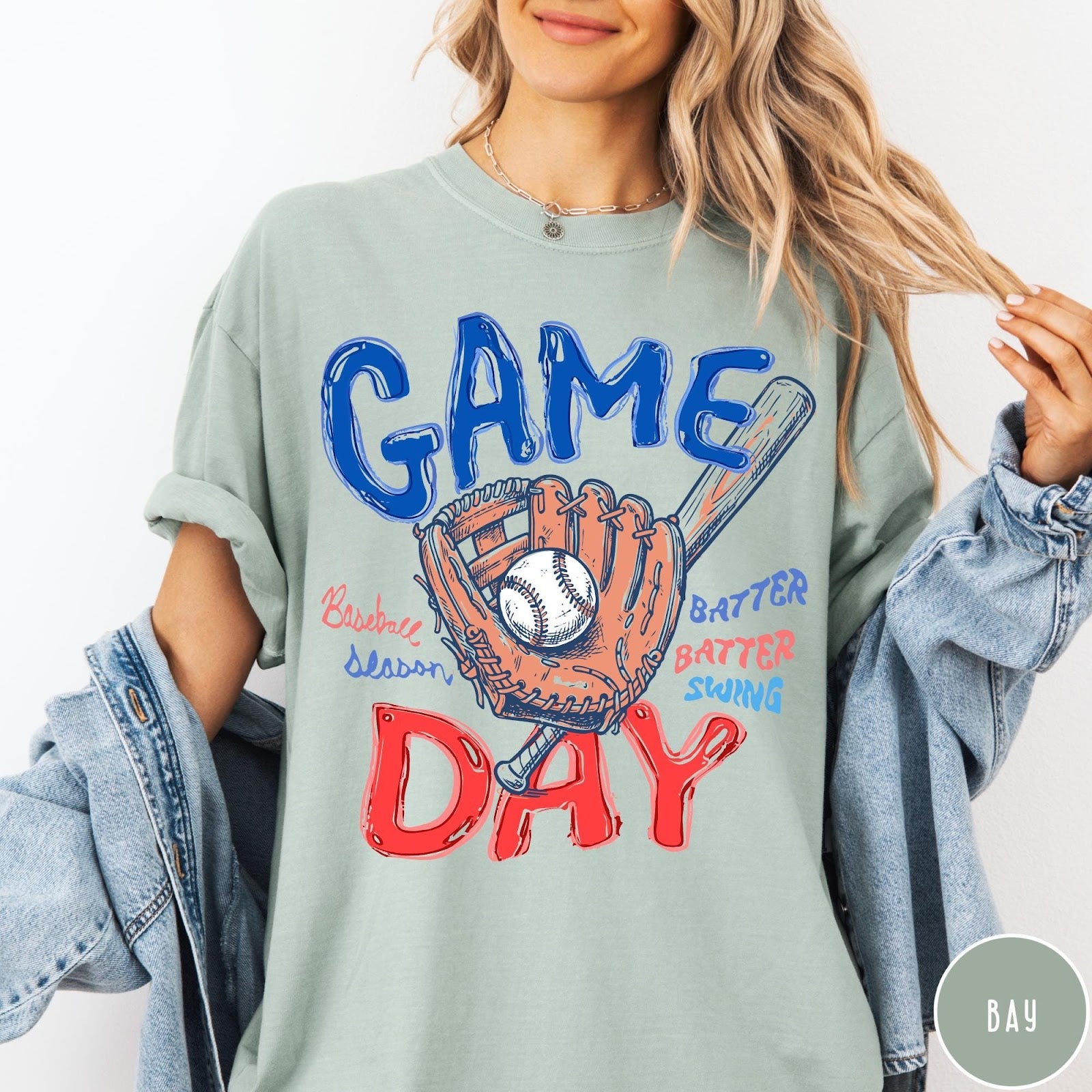 Comfort Colors tee in Bay featuring baseball design with glove, ball, bat, and Game Day text graphic