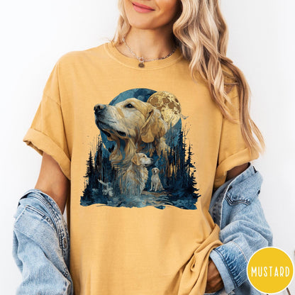 Comfort Colors tee in Mustard featuring artistic graphic design of Golden Retrievers in a moonlit forest scene