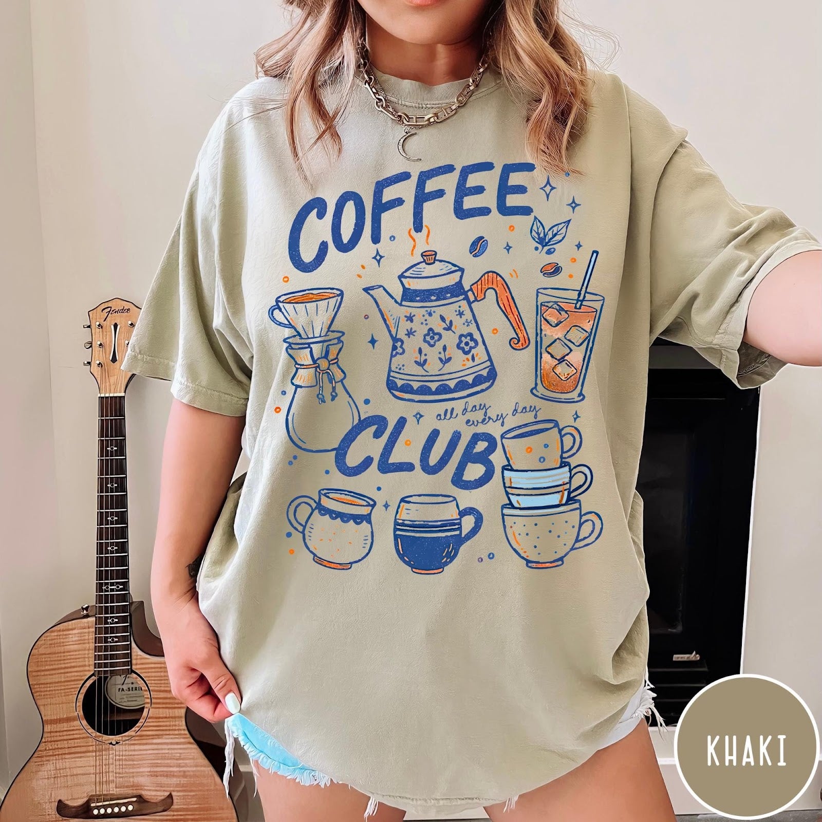Comfort Colors tee in Khaki featuring retro graphic with coffee pots, mugs, and iced coffee drink illustration