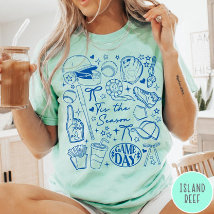 Comfort Colors tee in Island Reef featuring baseball game day graphic with bat, helmet, and game day text