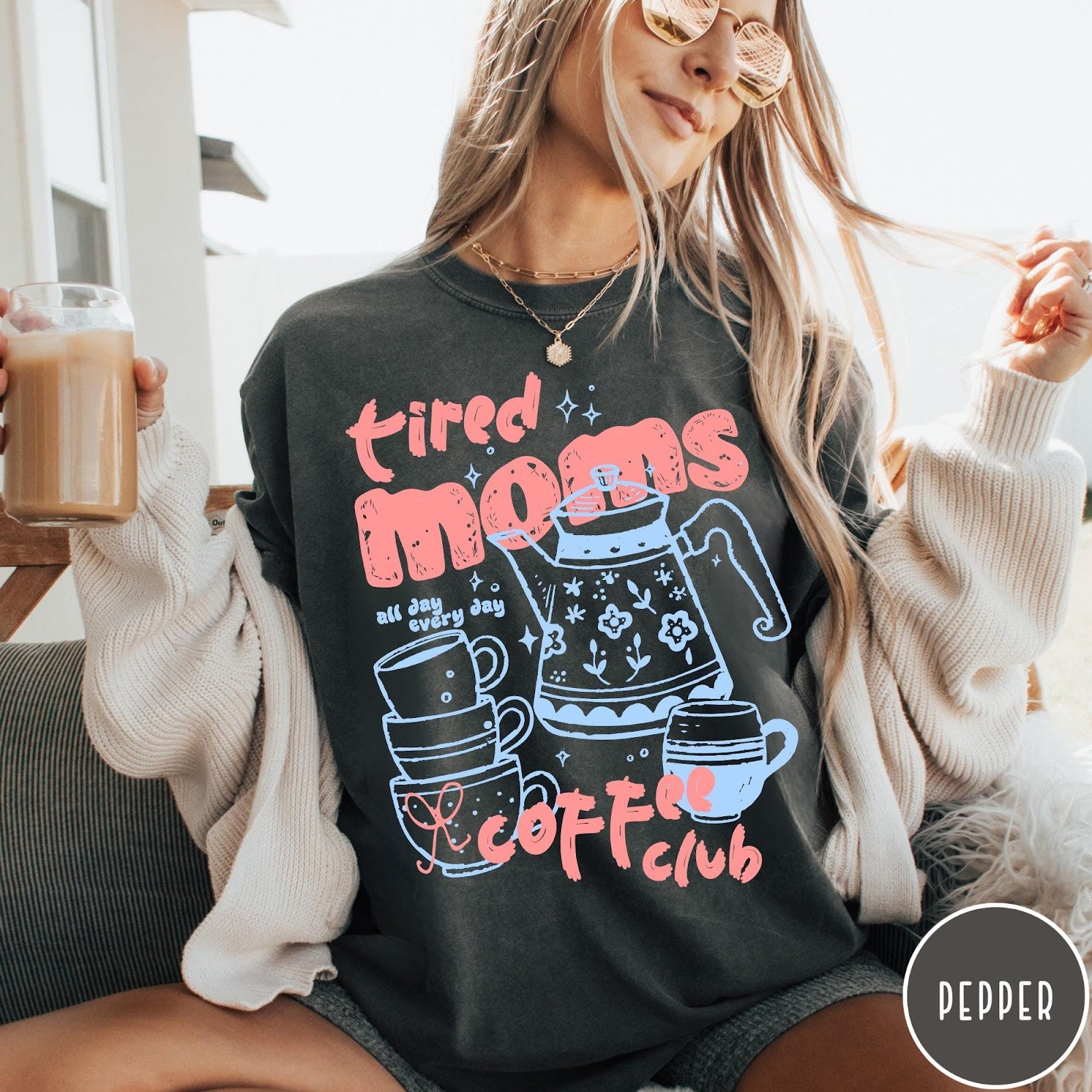 Comfort Colors tee in Pepper featuring coffee graphic with text Tired Moms Coffee Club all day every day