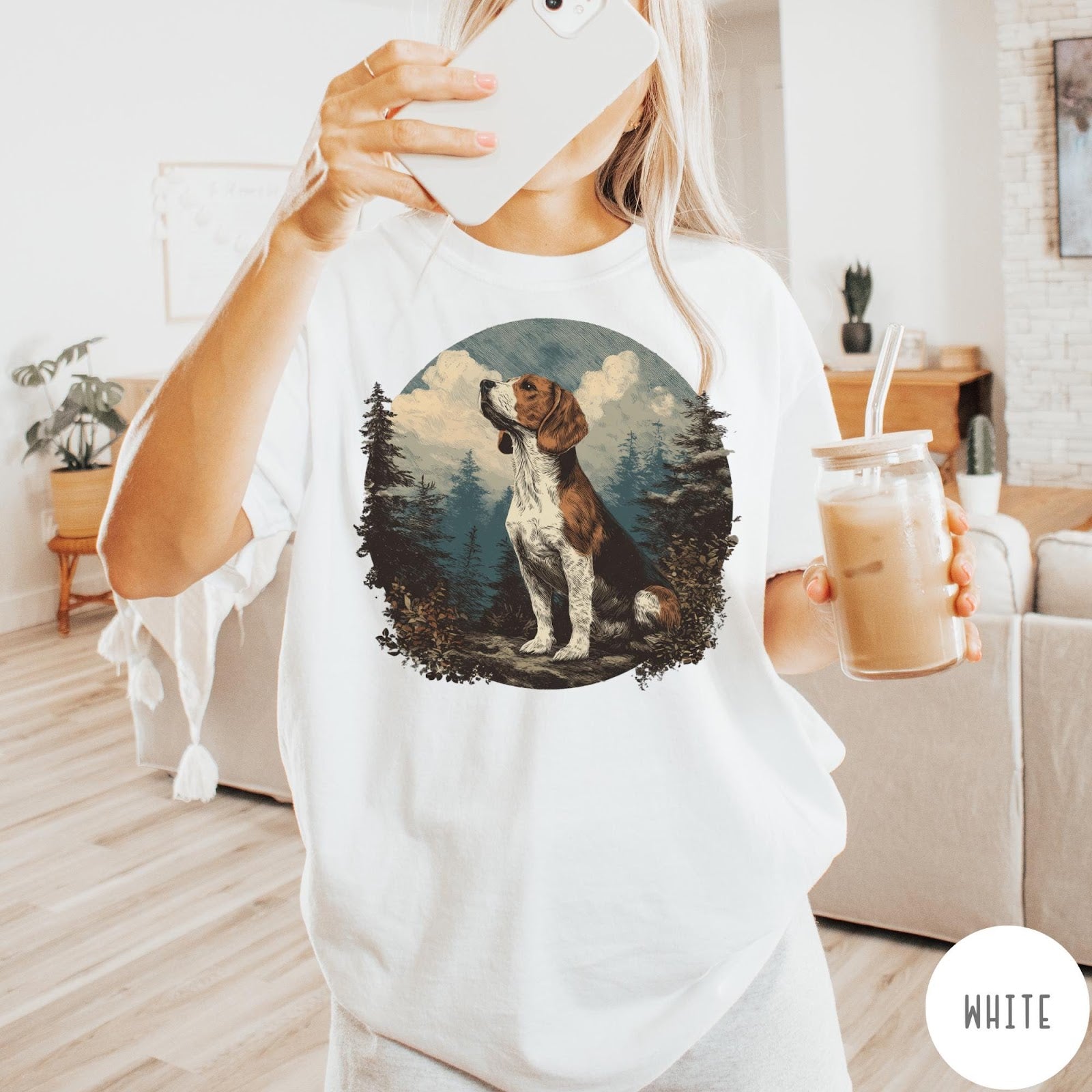 Comfort Colors tee in White featuring vintage style graphic of a beagle sitting in a forest scene
