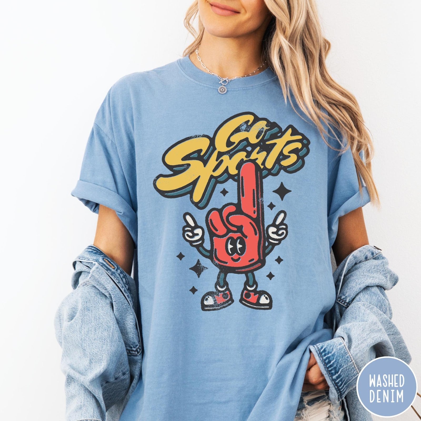 Comfort Colors tee in Washed Denim featuring retro mascot design with a red foam finger character and text