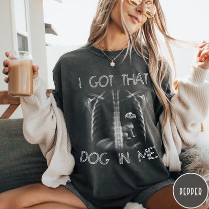 Comfort Colors tee in Pepper featuring graphic style X-ray ribcage with a small dog sitting inside.