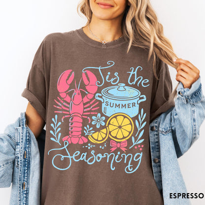 Comfort Colors tee in Espresso featuring lobster boil graphic with lobster, pot, and lemon slices