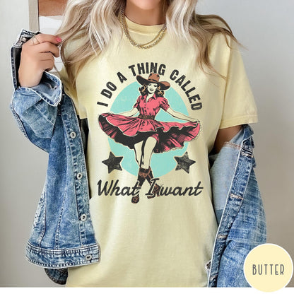 Comfort Colors tee in Butter featuring cowgirl design style with a dancing woman in a pink dress