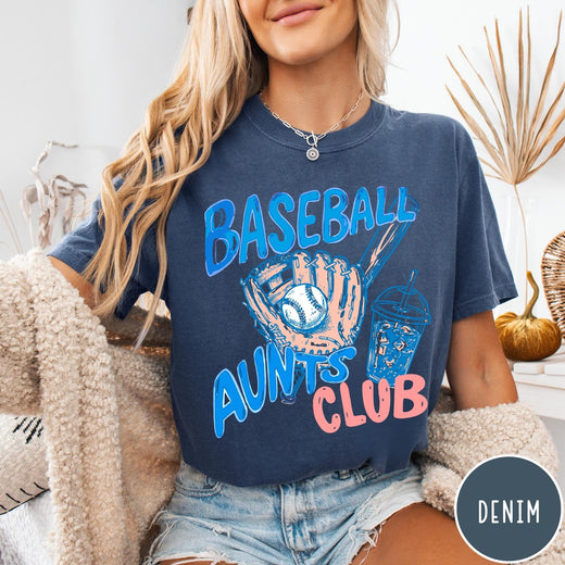 Comfort Colors tee in Denim featuring baseball graphic with a mitt, ball, bat, and iced coffee drink