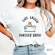 Comfort Colors tee in White featuring cute graphic style of a smiling toaster sitting in a bathtub