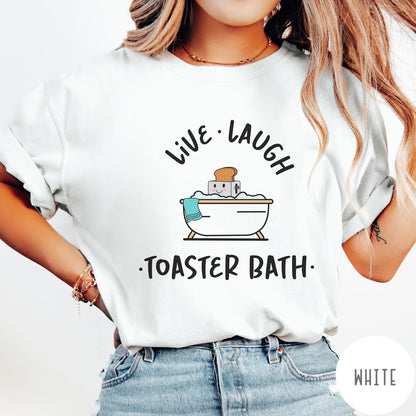 Comfort Colors tee in White featuring cute graphic style of a smiling toaster sitting in a bathtub