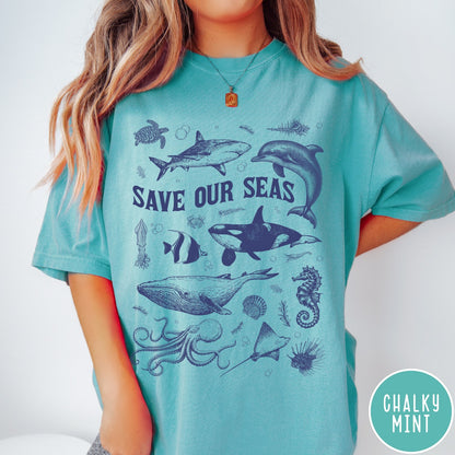 Comfort Colors tee in Chalky Mint featuring marine life graphic design with various sea creatures and Save Our Seas text
