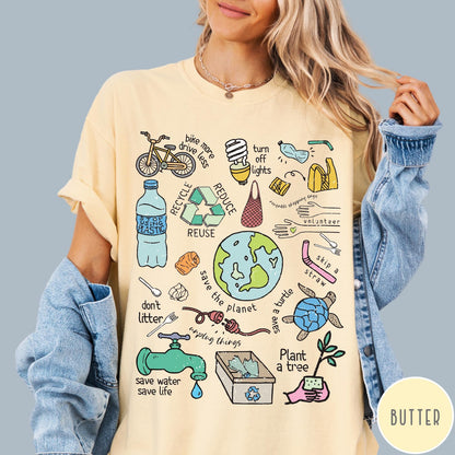 Comfort Colors tee in Butter featuring environmental awareness graphic with icons for recycling, saving water, and nature.
