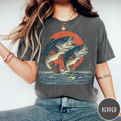 Comfort Colors tee in Pepper featuring vintage style graphic of two bass fish jumping out of water