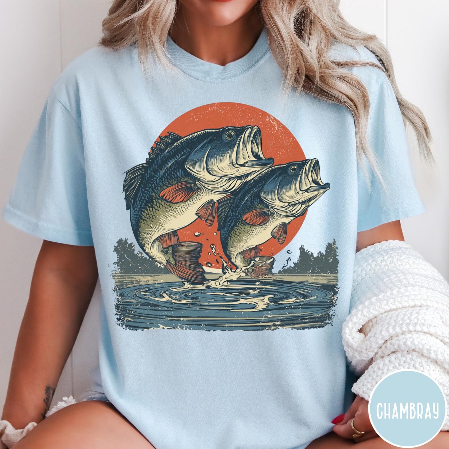 Comfort Colors tee in Chambray featuring vintage style graphic of two bass fish jumping out of water