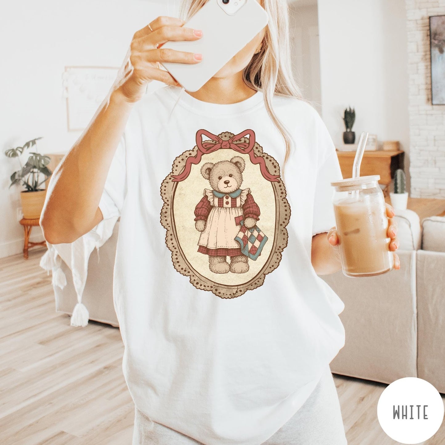 Comfort Colors tee in White featuring vintage style teddy bear graphic inside a decorative lace oval frame