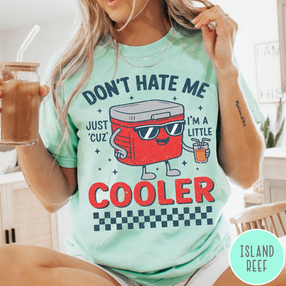 Comfort Colors tee in Island Reef featuring retro cooler graphic with sunglasses and a drink with text