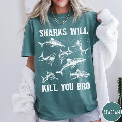 Comfort Colors tee in Seafoam featuring illustrative style graphic of multiple sharks and text Sharks Will Kill You